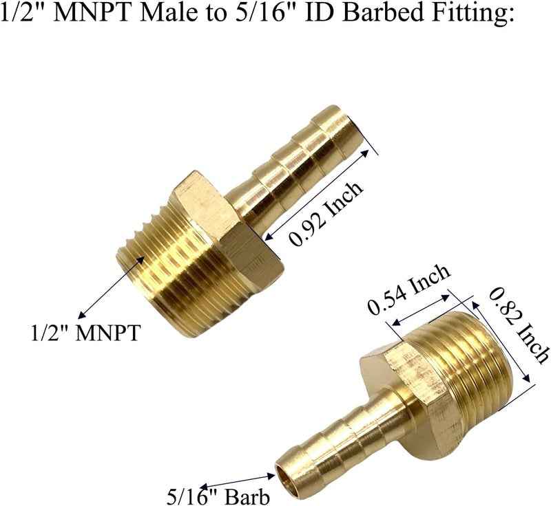 Bumugufu 4 Pcs Brass Air Hose Fittings, 1/2" NPT Male Pipe to 5/16" ID Barbed Fittings Brass Nipple Valves for Compressor, Fuel, Oil, Gas and Air - Image 2